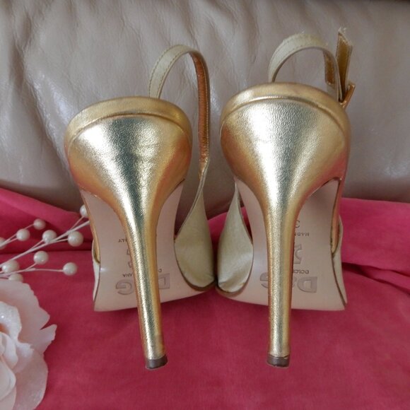 D&G Dolce & Gabbana Italy Cream Gold Silk Heels 37.5 US 7.5 - Picture 8 of 15